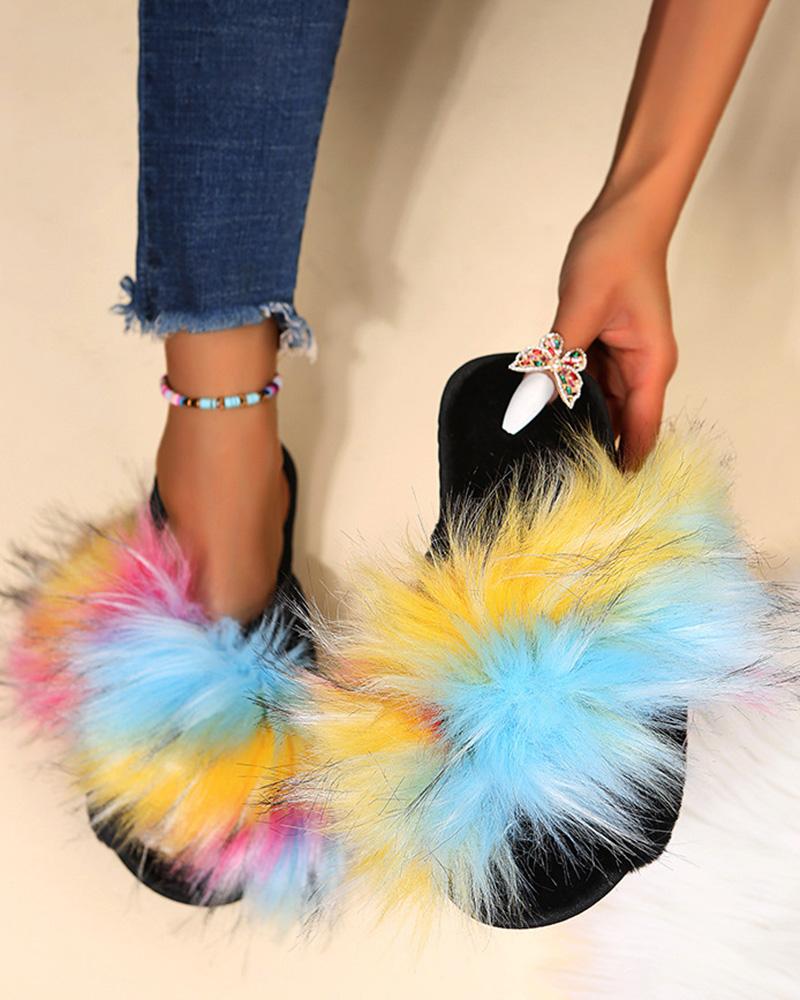 

Colorblock Fuzzy One Strap Slippers, Blue&pink