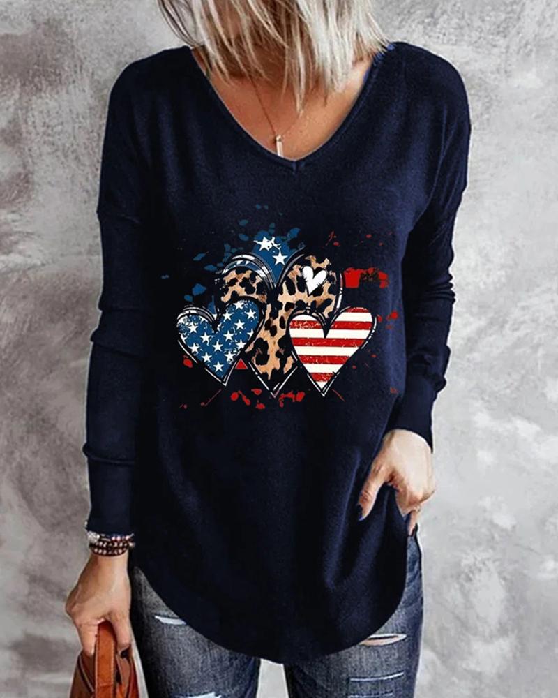 

Flag Pattern Heart Print V-Neck Top, Blue