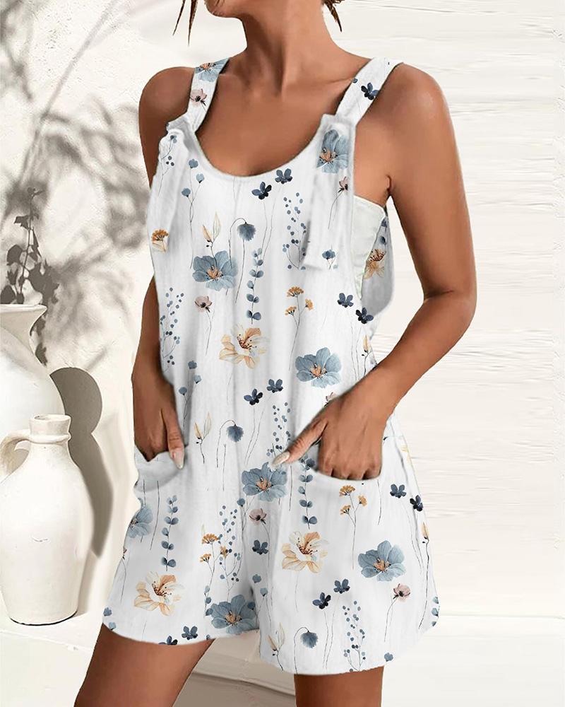 Floral Print Pocket Design Casual Suspender Romper