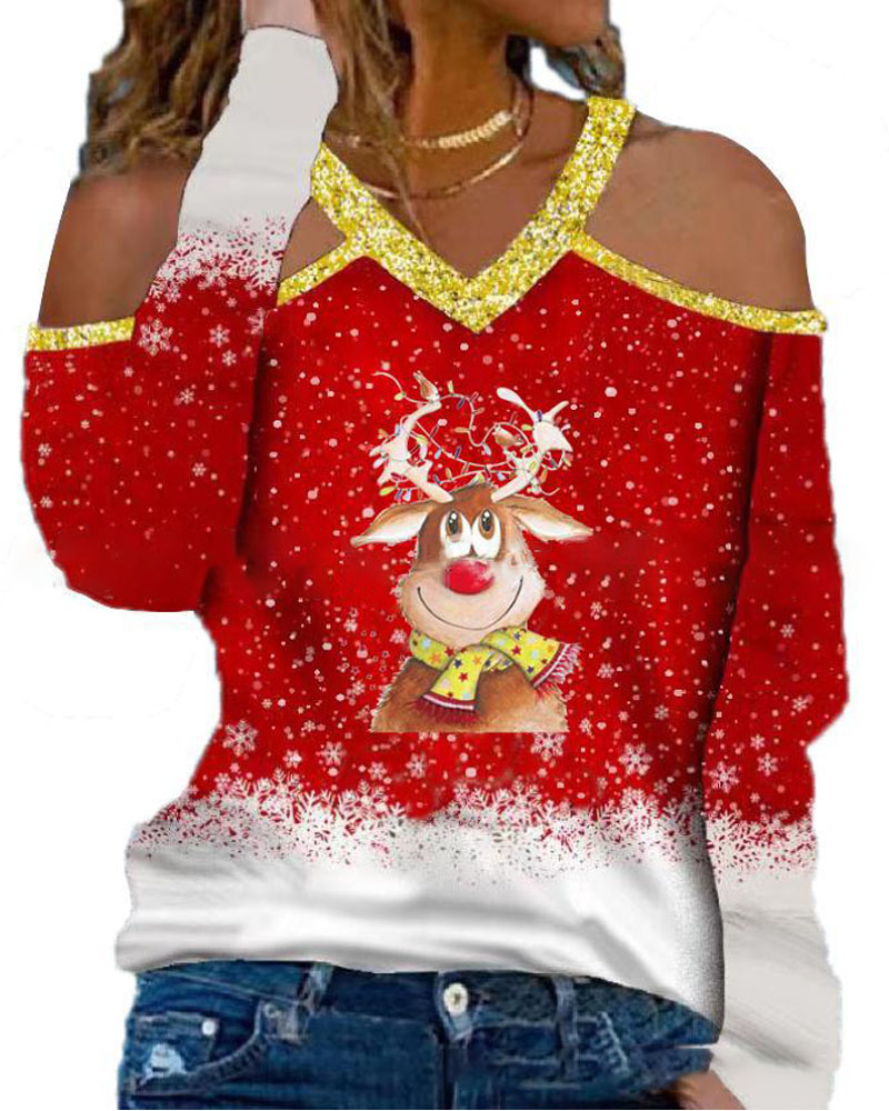 

Christmas Snowflake Cartoon Elk Print Cold Shoulder Top, Red
