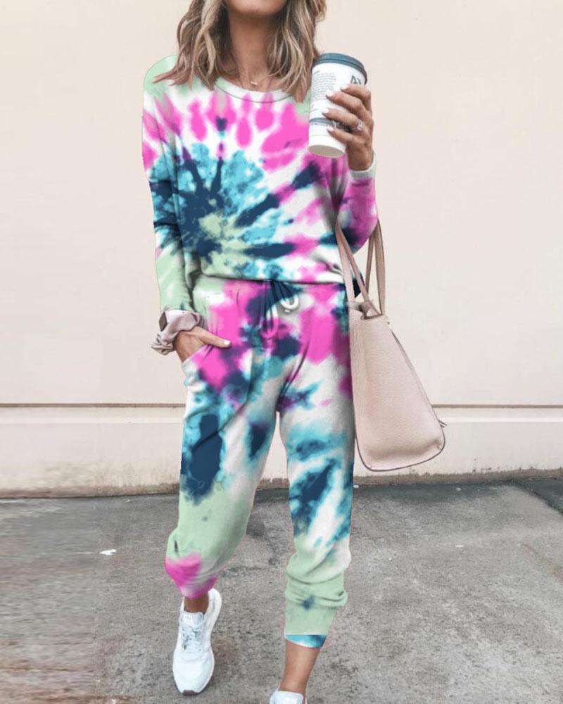 

Tie Dye Print Women Top & Drawstring Pants Set, Hot pink