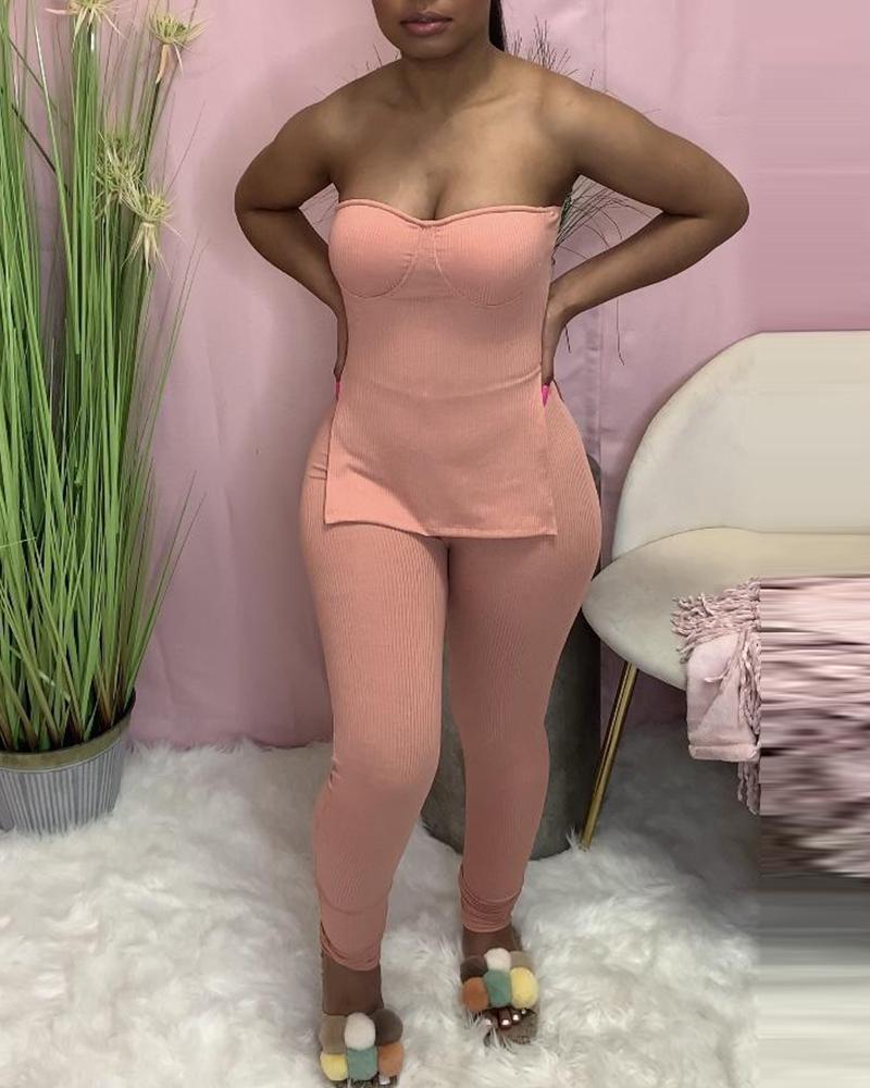 

Plain Off Shoulder Ribbed Slit Top & Pants Set, Pink
