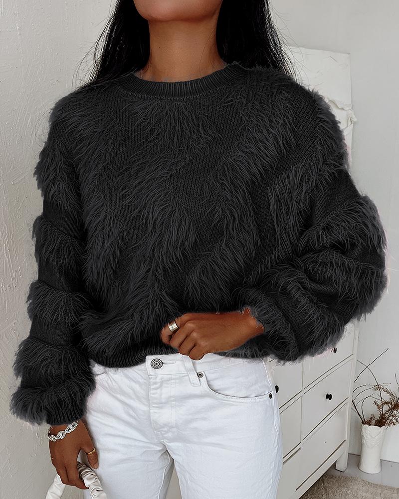 

Fluffy Tassel Design Long Sleeve Sweater, Black