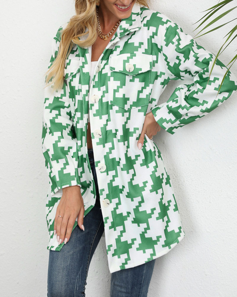 

Houndstooth Print Flap Detail Button Down Shacket, Green