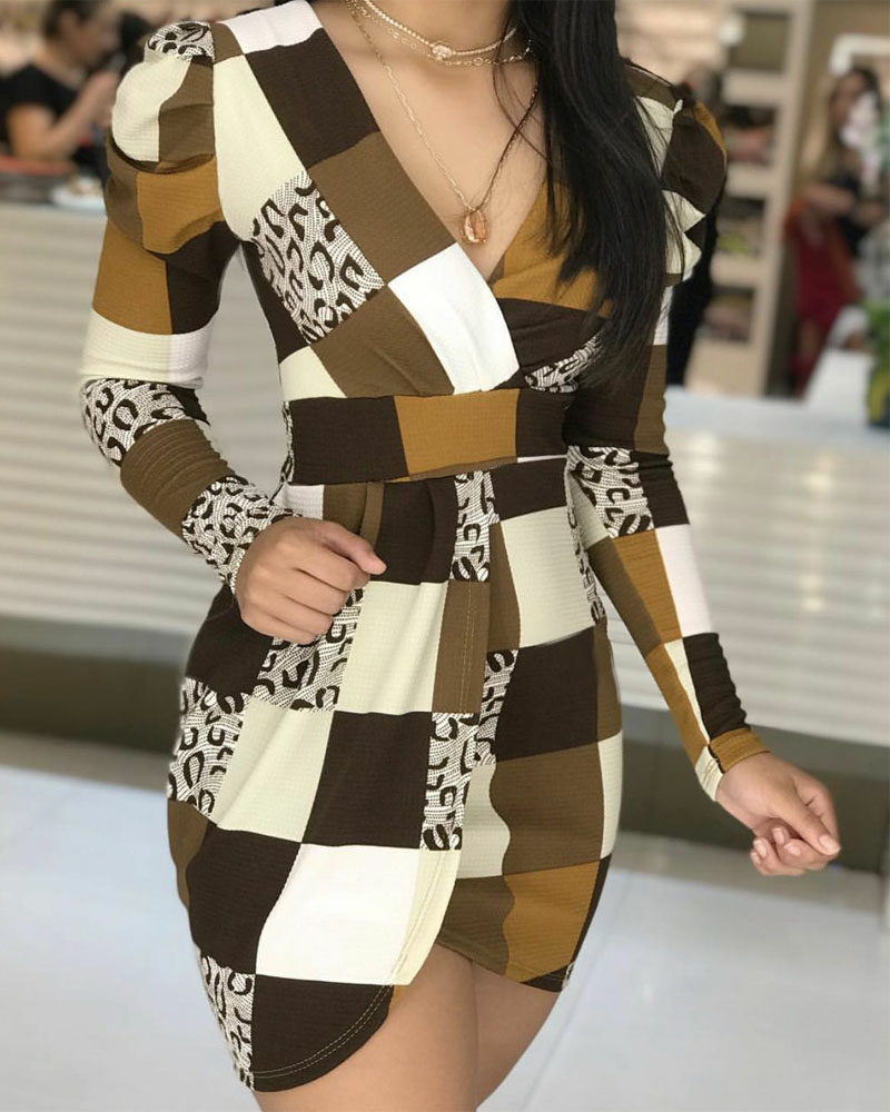 

Puff Sleeve Plaid Print Dress, Coffee