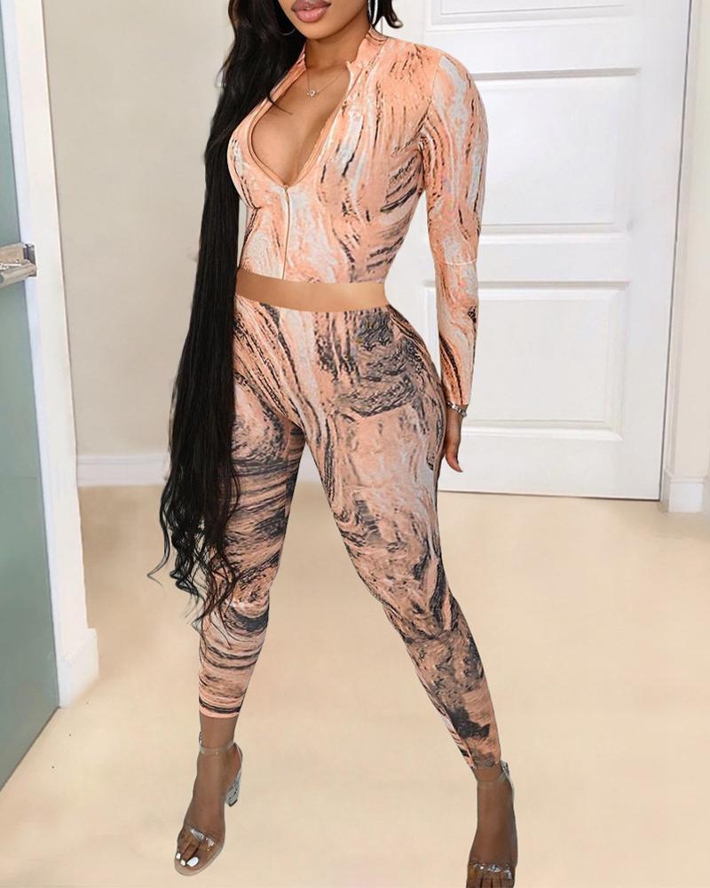 

Landscape Print Long Sleeve Zip Up Crop Top & Pants Set, Style1