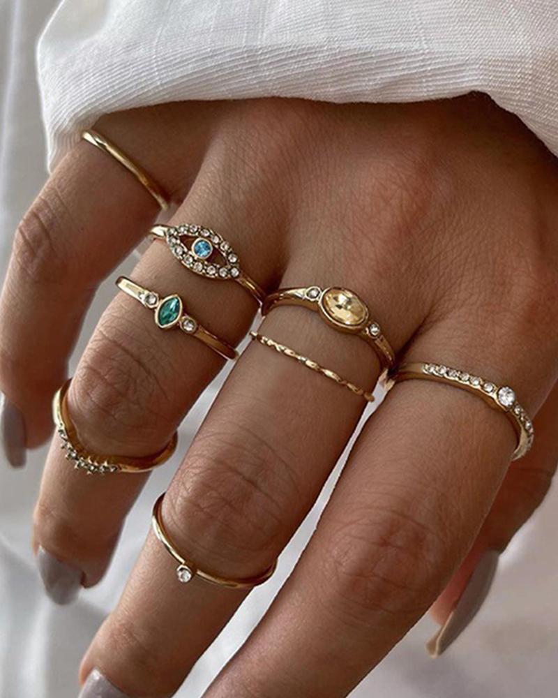 

7pcs Stackable Rhinestone Eye Geometric Rings Set, Gold