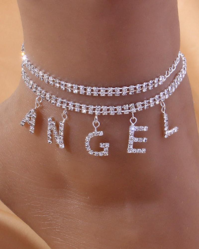 

1pcs Multi Layered Rhinestone Letter Pendant Anklet, Silver