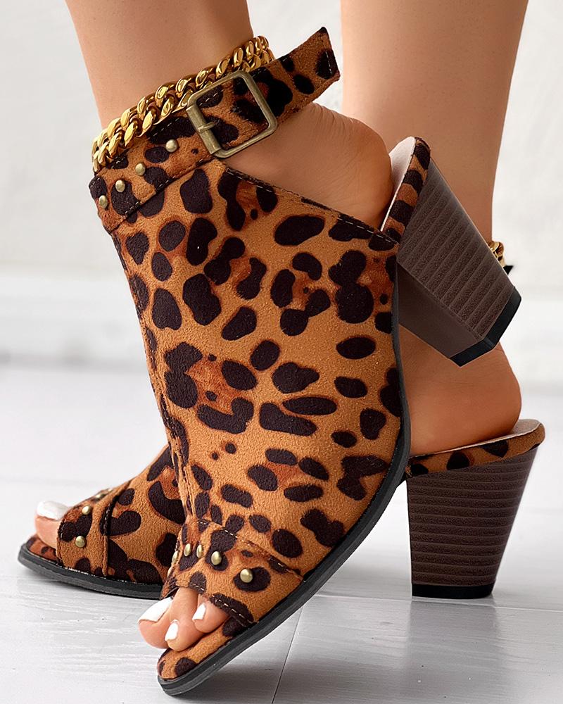 

Peep Toe Studded Chunky Heeled Sandals, Leopard