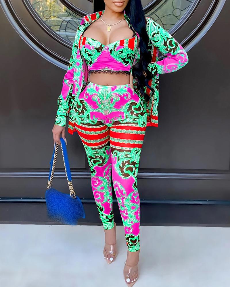 

Baroque Print Eyelash Lace Crop Top & Pants & Cardigan Set, Hot pink