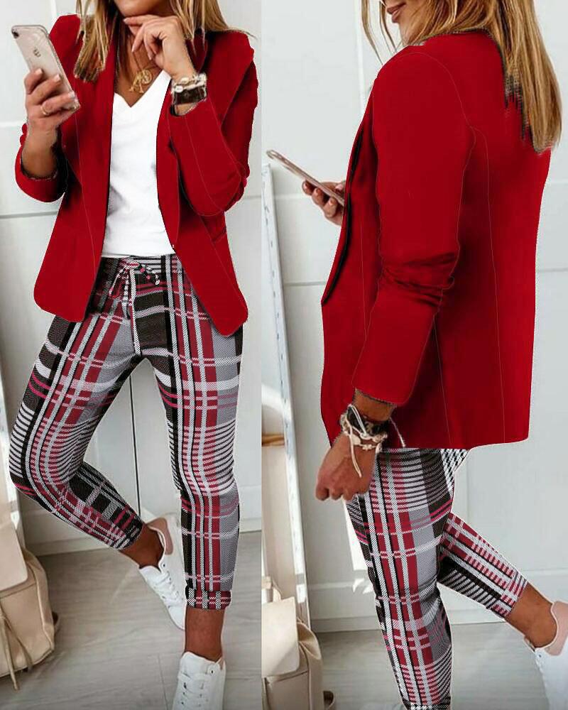 

Shawl Collar Single Button Blazer & Plaid Pants Set, Wine red