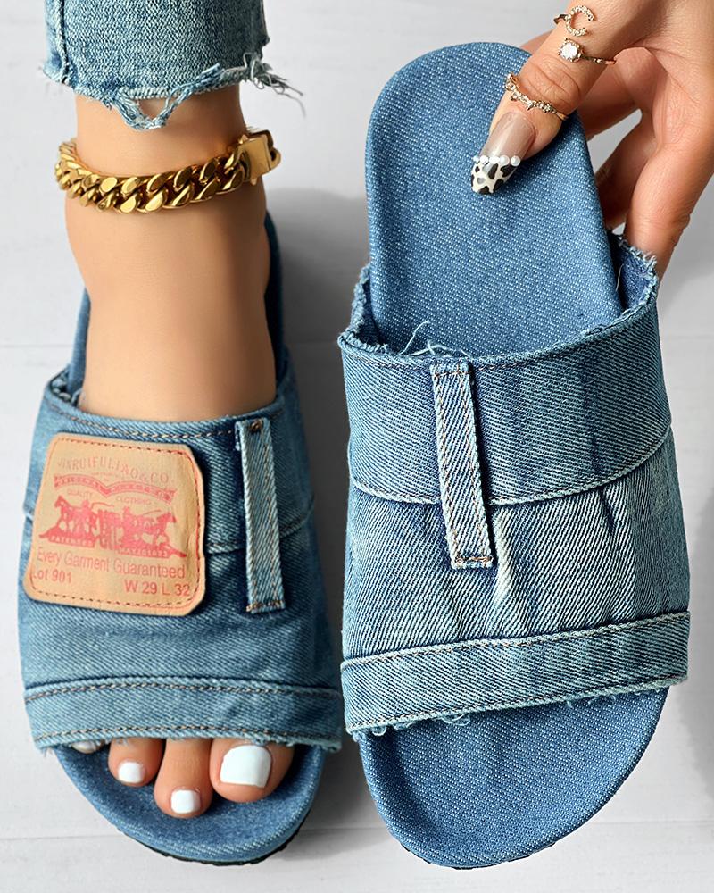 

Denim Wide Strap Peep Toe Slippers, Blue