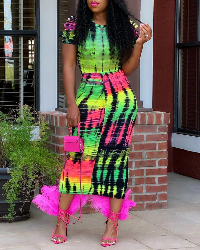 

Tie Dye Print Puff Sleeve Top & Ruched Skirt Set, Multicolor