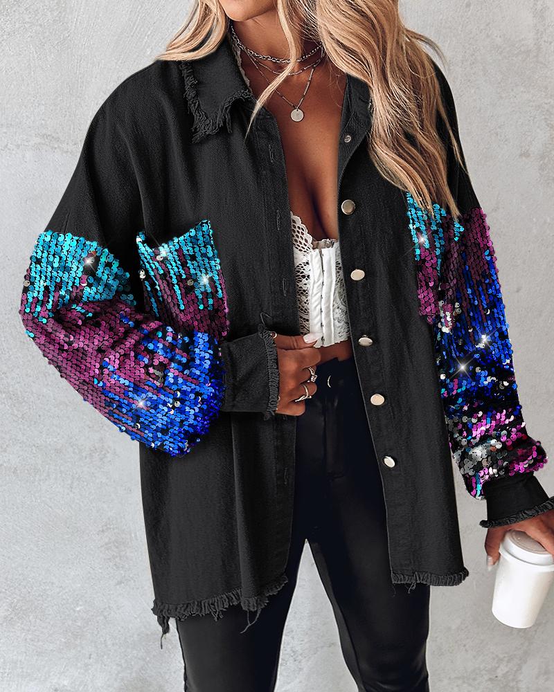 

Colorblock Sequin Patchwork Long Sleeve Jacket Top Button Front Raw Hem Shacket, Black