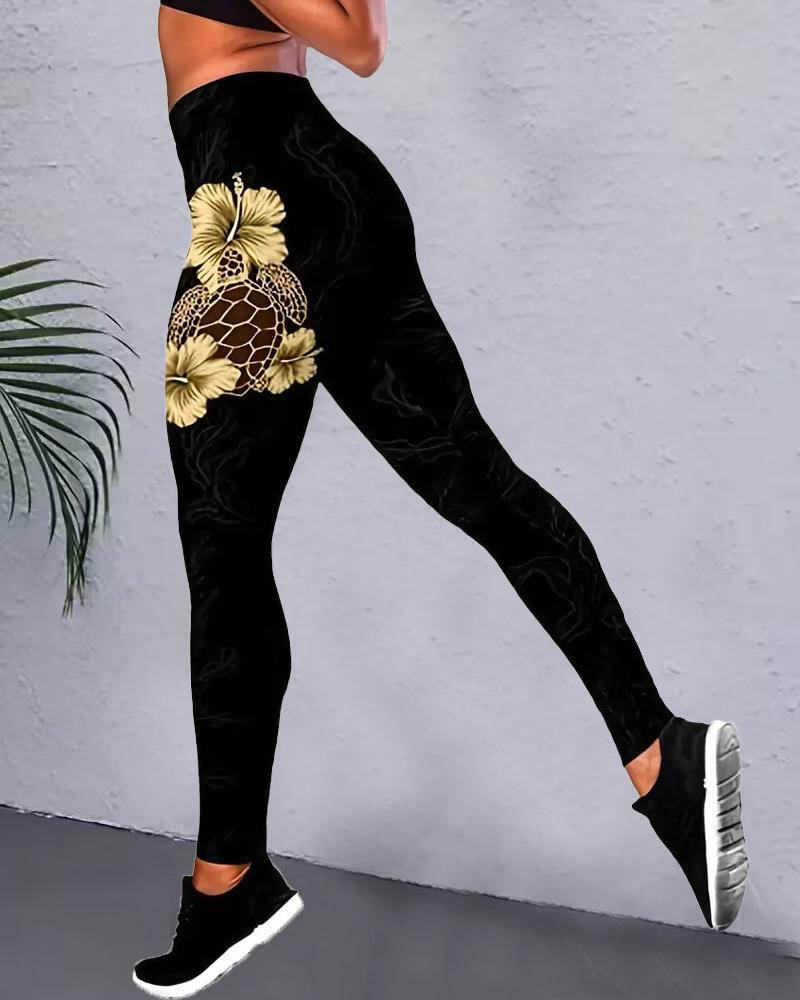 

Turtle Floral Plants Print High Waist Yoga Pants, Black