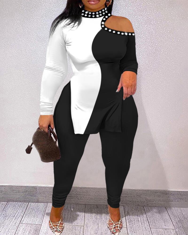 

Plus Size Colorblock Cold Shoulder Split Top & Pants Set, Blackwhite