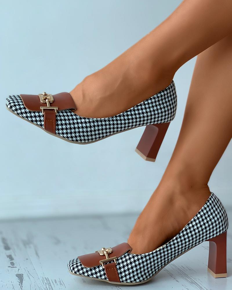 

Houndstooth Print Mtallic Buckle Block Heels, Brown