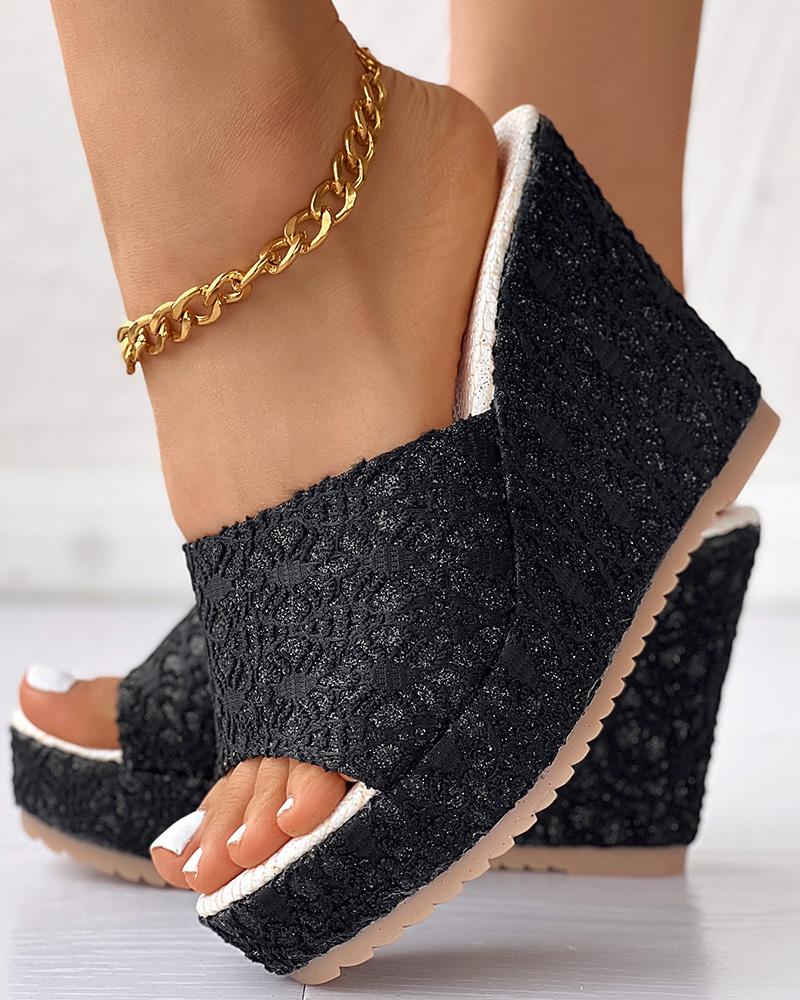 

Peep Toe Wide Strap Lace Wedge Slippers, Black