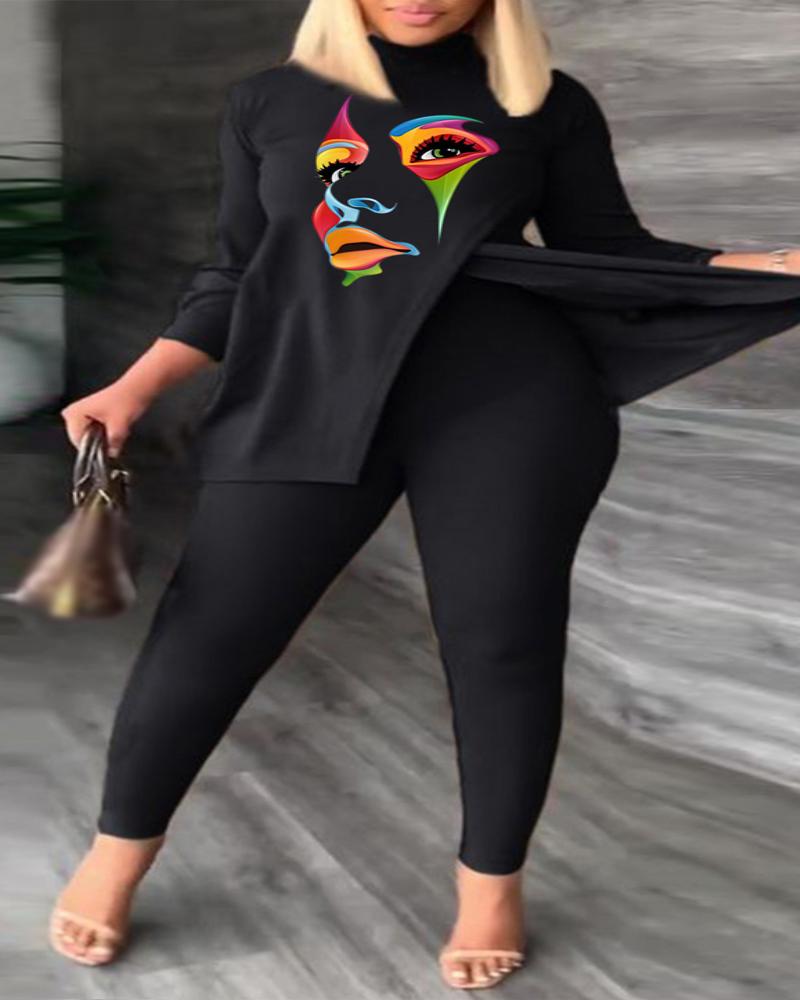 

Plus Size Abstract Figure Print Split Hem Top & Pants Set, Black