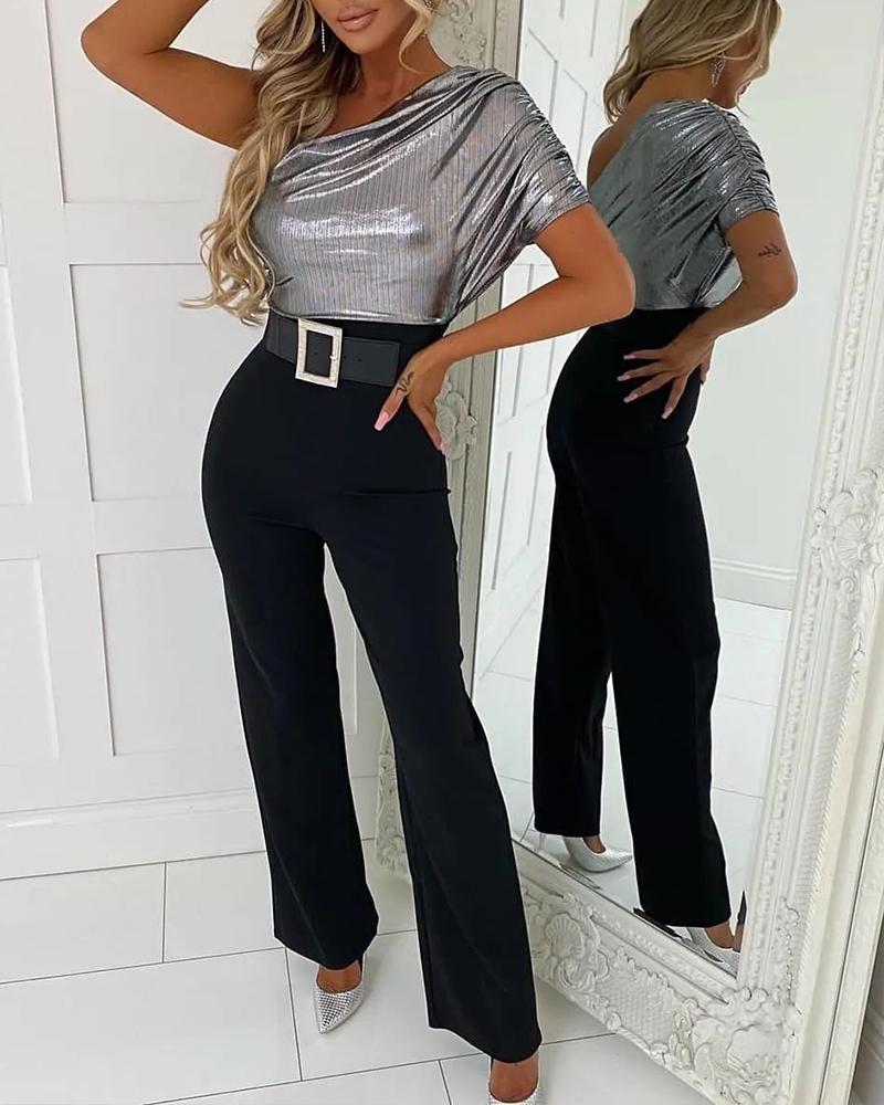 

One Shoulder Patchwork Jumpsuit With Belt, Silver