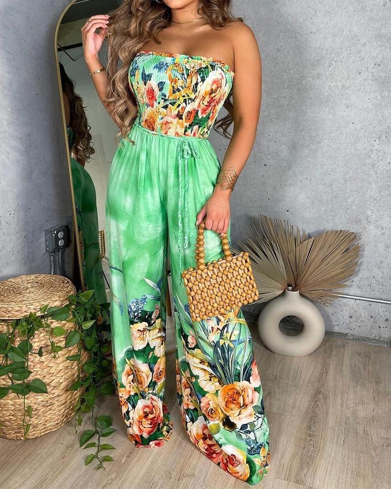 

Floral Print Shirred Bandeau Wide Leg Jumpsuit, Green