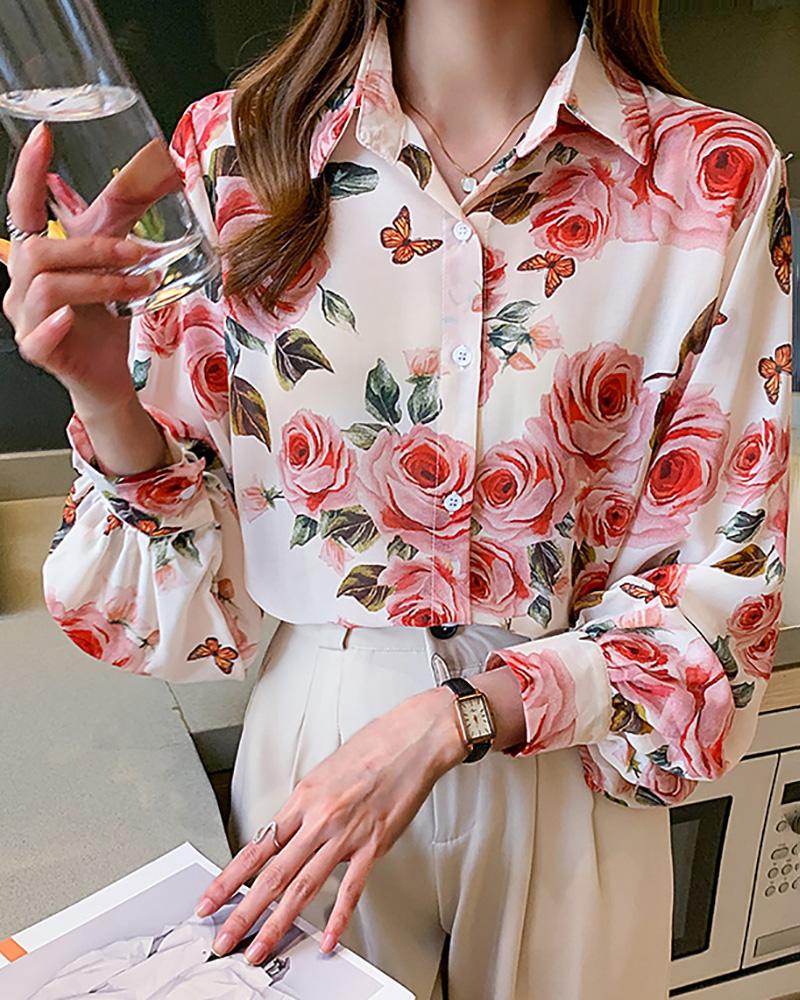 

Lantern Sleeve Butterfly Floral Print Buttoned Top, Red