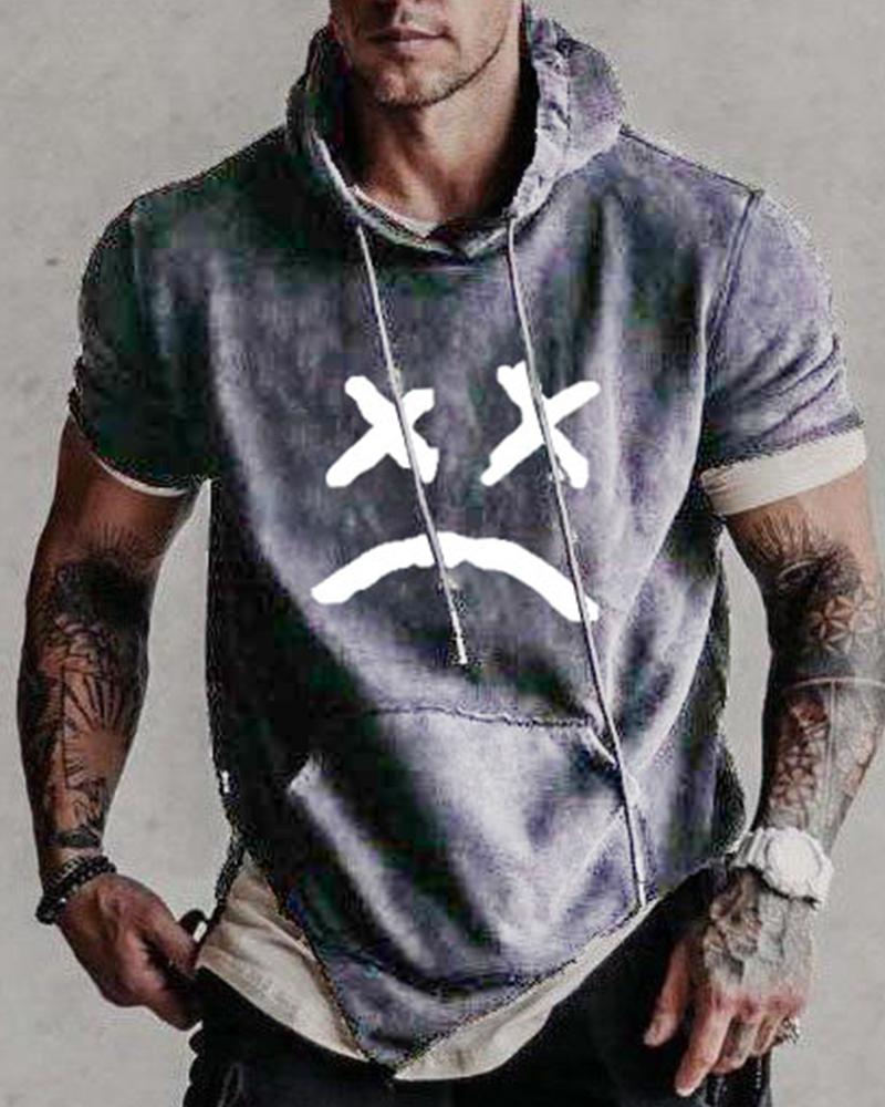 

Graphic Print Short Sleeve Loose Hooded Sweatshirts, Gray