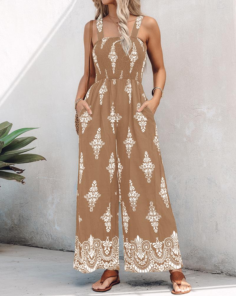 

Graphic Print Square Neck Thick Strap Shirred Jumpsuit Wide Leg Overalls with Pockets, Khaki