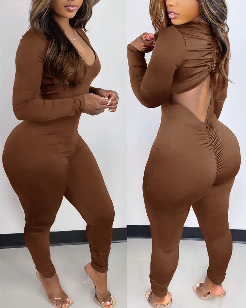 

Cutout Back Drawstring Ruched Skinny Jumpsuit, Coffee