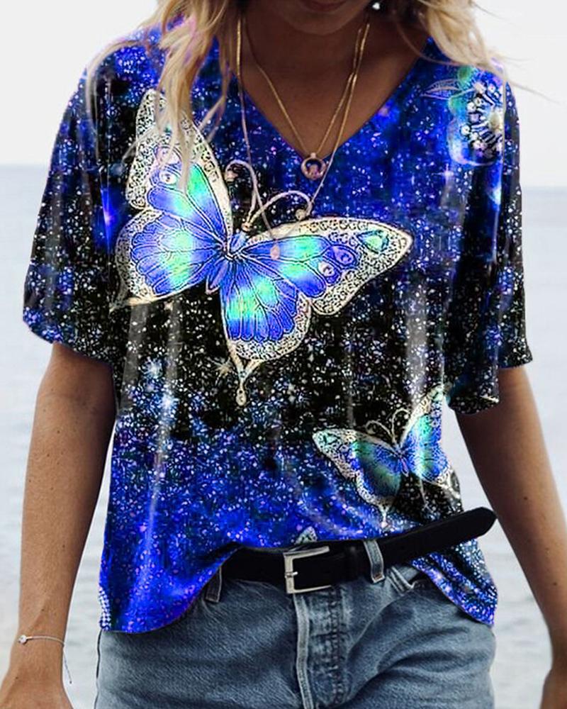 

Butterflies Print Short Sleeve T-shirt, Blue