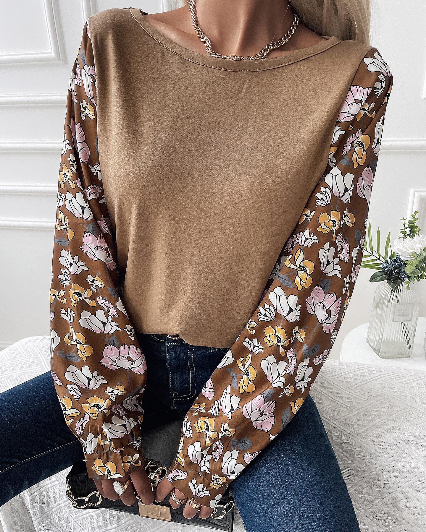 

Floral Print Colorblock Knit Casual Top, Brown