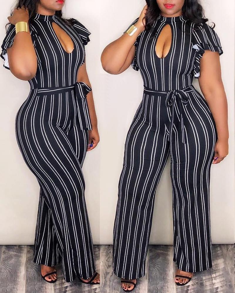 

Plus Size Striped Print Tied Detail Jumpsuit, Black