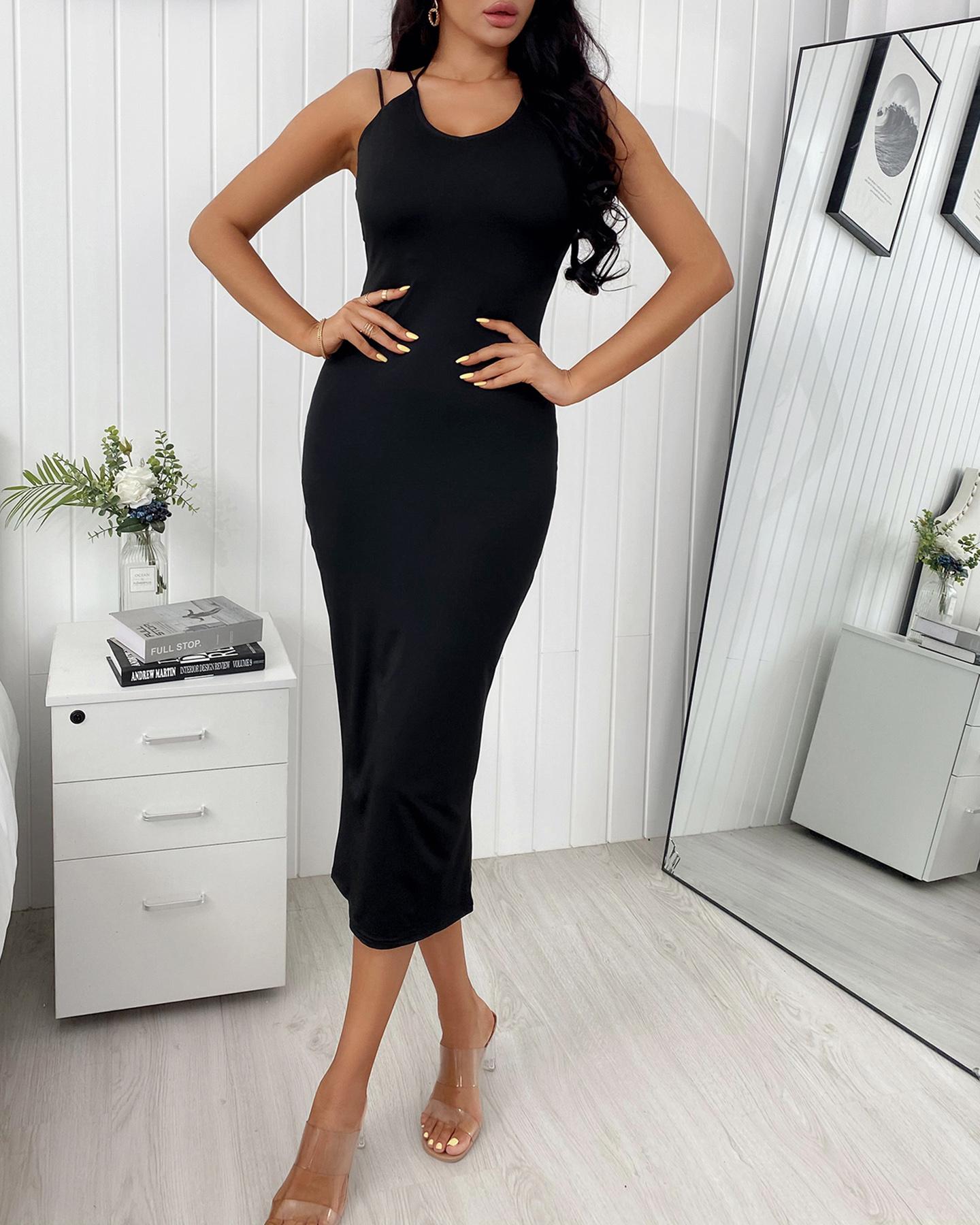 

Spaghetti Strap Open Back Bodycon Dress, Black