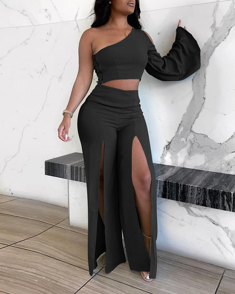

One Shoulder Bell Sleeve Crop Top & Slit Pants Set, Black