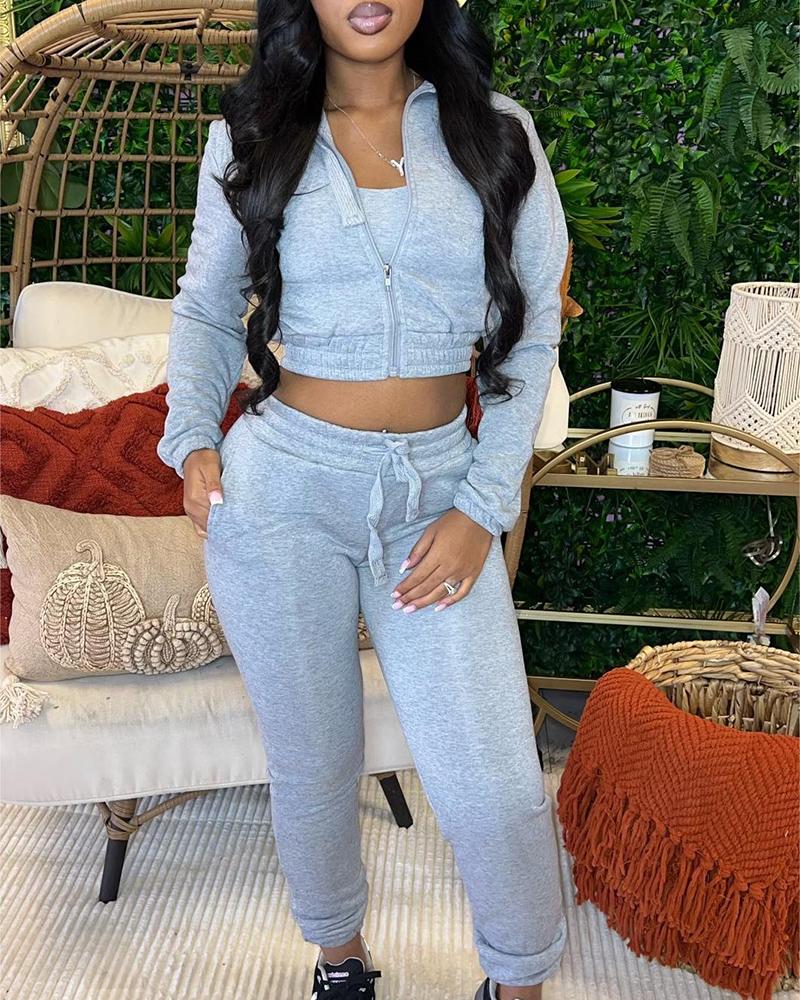 

Crop Top & Drawstring Pants Set With Zipper Design Coat, Gray