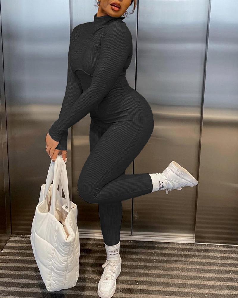 

Ribbed Zipper Back Long Sleeve Skinny Jumpsuit, Black