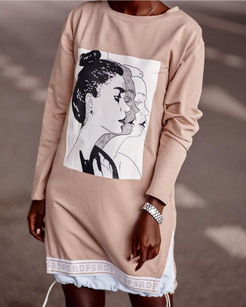 

Figure Letter Print Long Sleeve Split Hem Top, Style1
