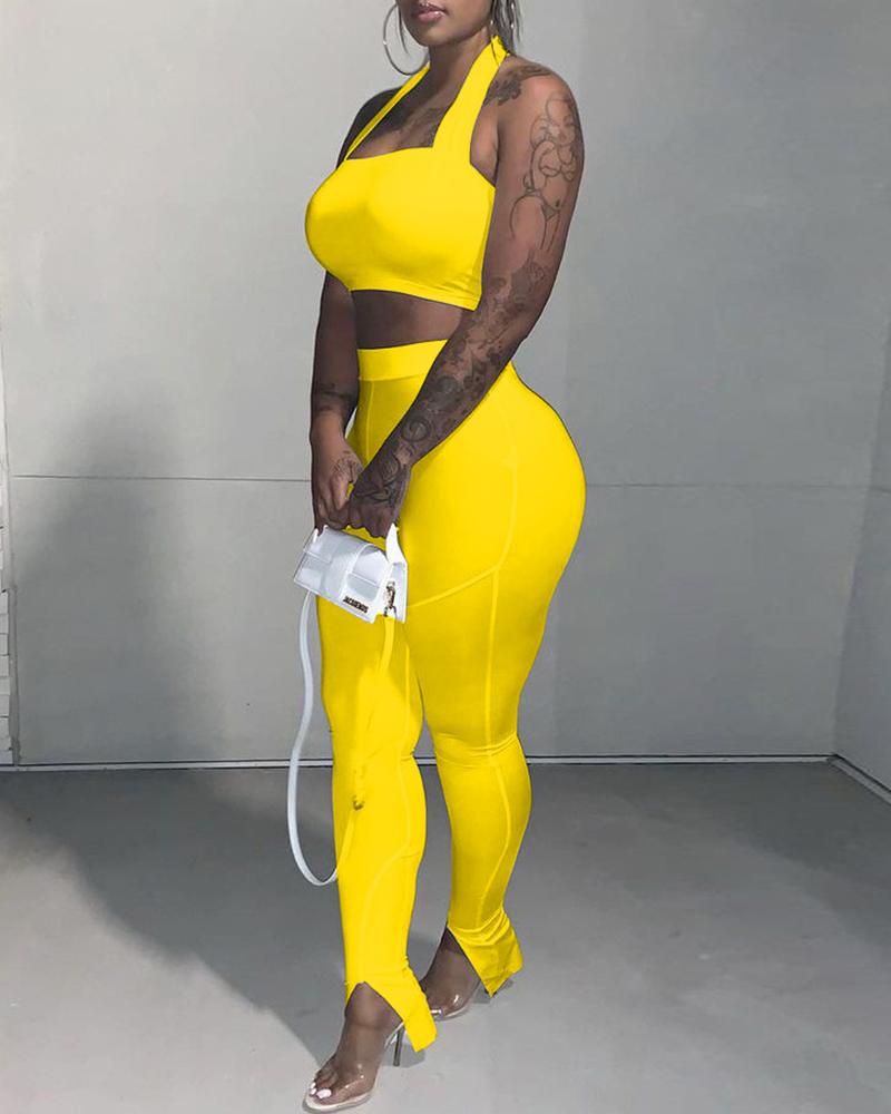 

Halter Backless Crop Top & High Waist Slit Pants Set, Yellow