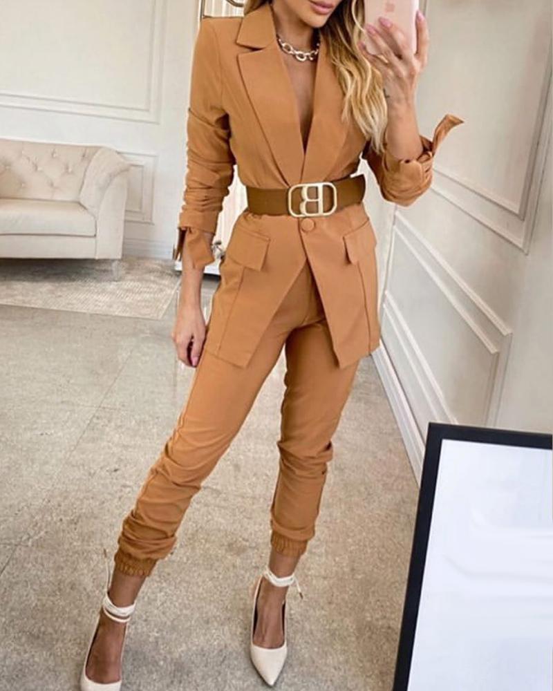 

Tied Detail Notched Collar High Waist Blazer Set Without Belt, Khaki