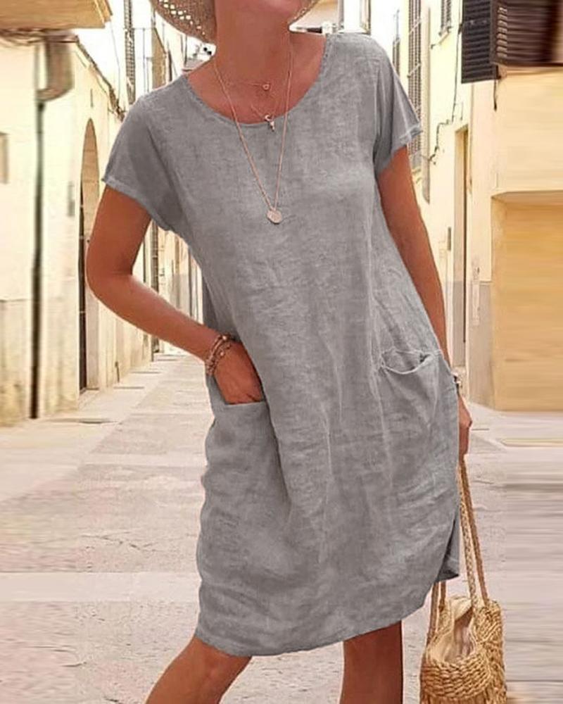 

Pocket Detail Short Sleeve Casual Dress, Gray