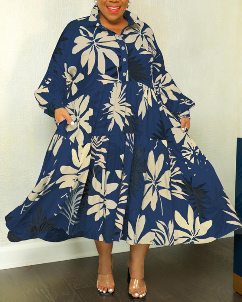 

Plus Size Tropical Print Long Sleeve Shirt Dress, Blue