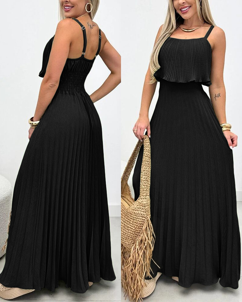 

Vestido estilo francês com alças finas ajustáveis, costas abertas e sobreposição plissada. Ideal para férias, com cintura marcada, franzido nas costas e pregas., Black