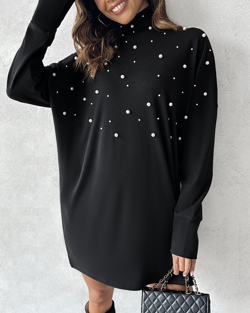 

Robe à manches longues perlée à col haut et décor de perles, Black