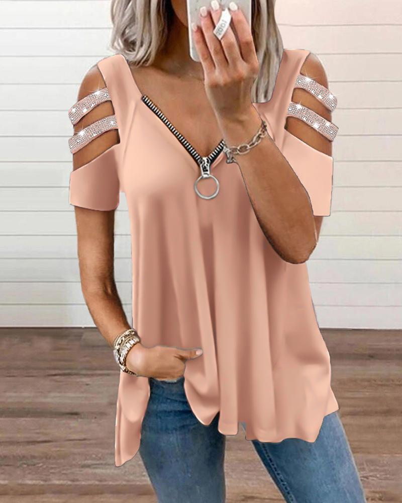 

Rhinestone Zipper Design Cutout Sleeve Top, Pink
