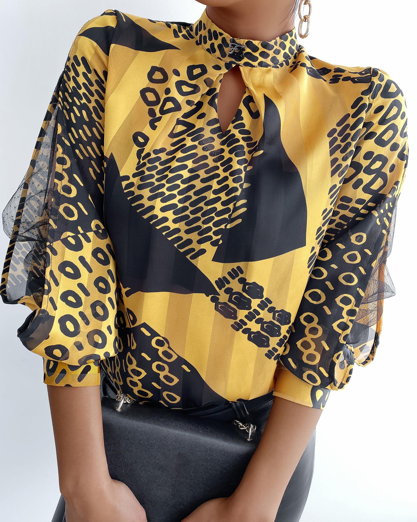 

All Over Print Cutout Front Mesh Puff Sleeve Top, Yellow