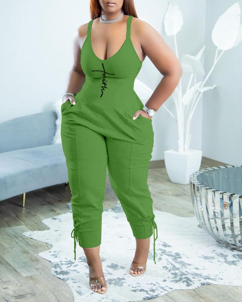 

Letter Print Grommet Eyelet Lace-up Sleeveless Jumpsuit, Green