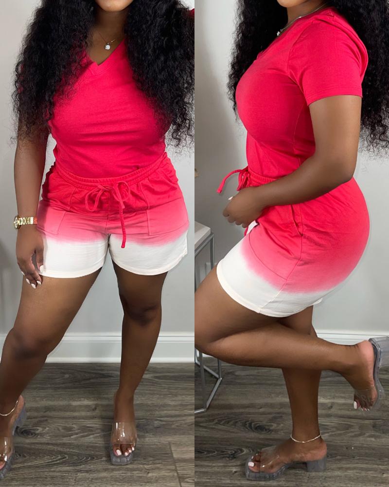 

V-Neck T-shirt & Drawstring Shorts Set, Red