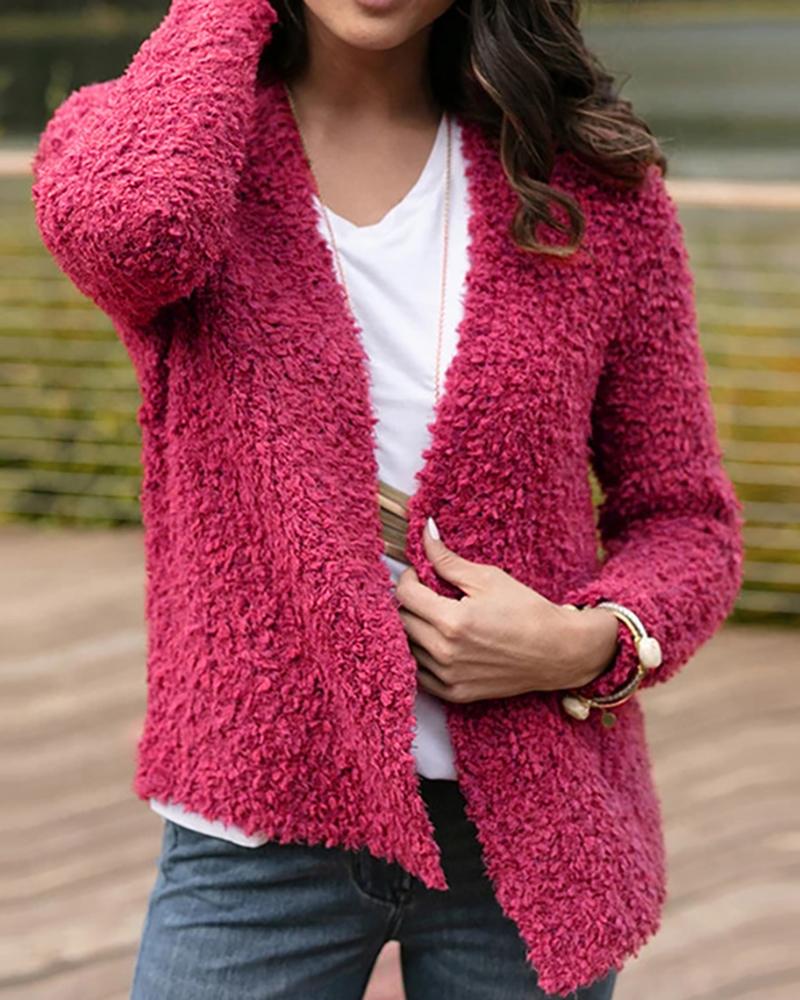 

Solid Long Sleeve Fluffy Teddy Coat, Hot pink