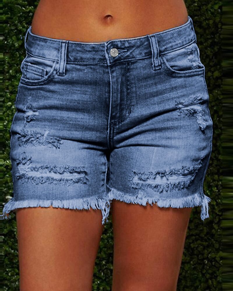 

Ripped Frayed Hem Denim Shorts, Dark blue