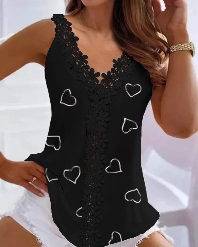 

Lace Patch Heart Pattern Tank Top, Black